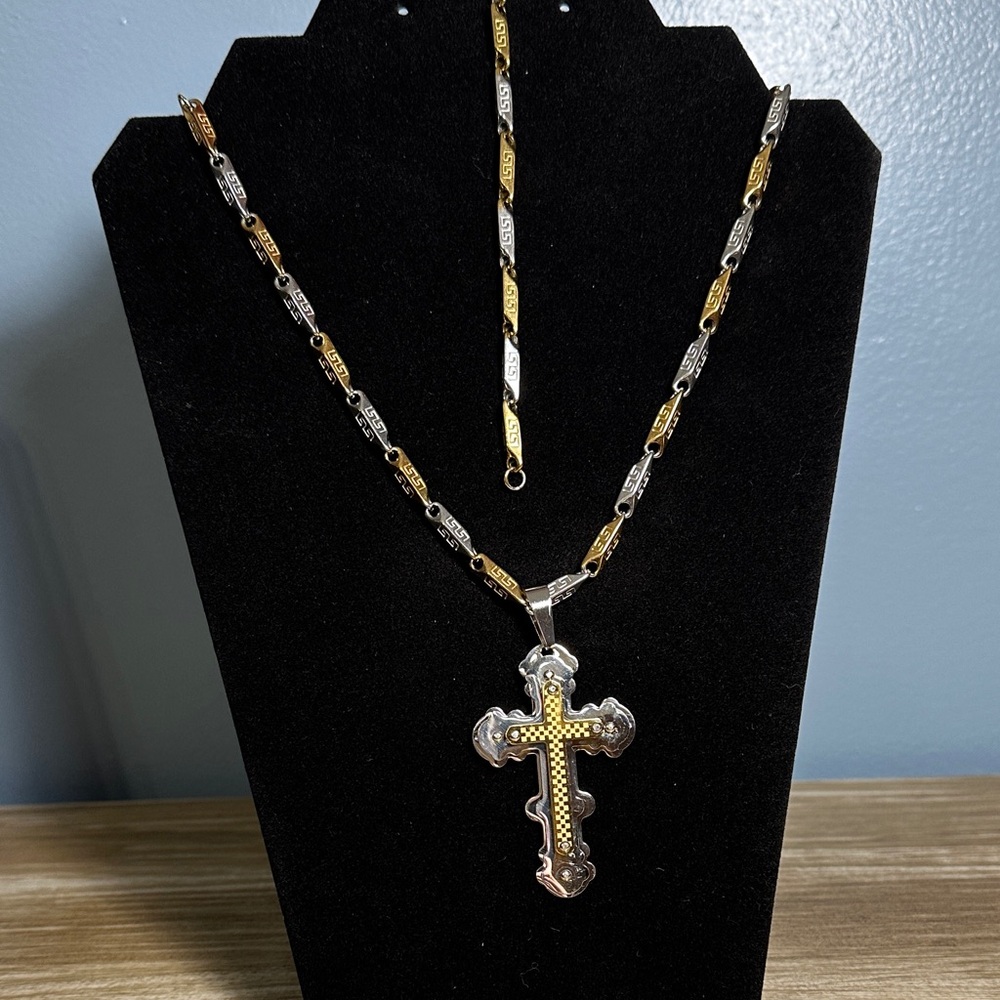 Stainless Steel Gold & Silver Cross Pendant Necklace & Bracelet set